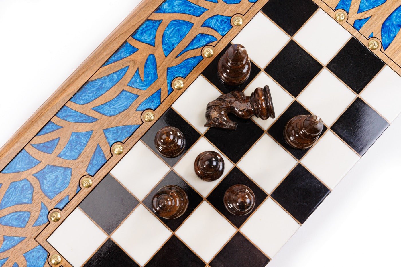 Luxury Carved Chess Set & Backgammon — Tree Branch & Blue Epoxy 60 cm | 23.6" - Unumperfectus