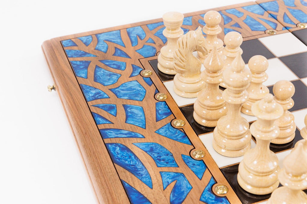 Luxury Carved Chess Set & Backgammon — Tree Branch & Blue Epoxy 60 cm | 23.6" - Unumperfectus