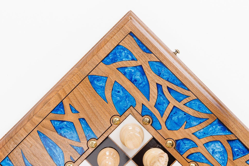 Luxury Carved Chess Set & Backgammon — Tree Branch & Blue Epoxy 60 cm | 23.6" - Unumperfectus