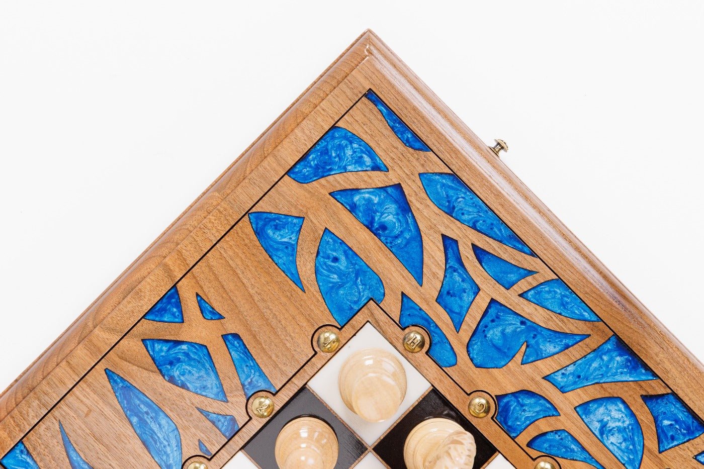 Luxury Carved Chess Set & Backgammon — Tree Branch & Blue Epoxy 60 cm | 23.6" - Unumperfectus