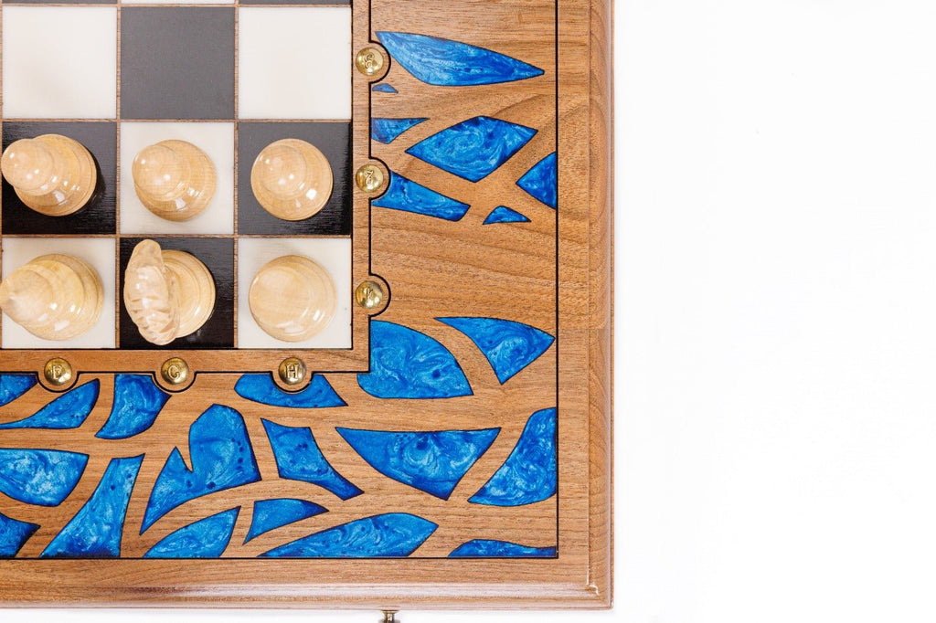 Luxury Carved Chess Set & Backgammon — Tree Branch & Blue Epoxy 60 cm | 23.6" - Unumperfectus