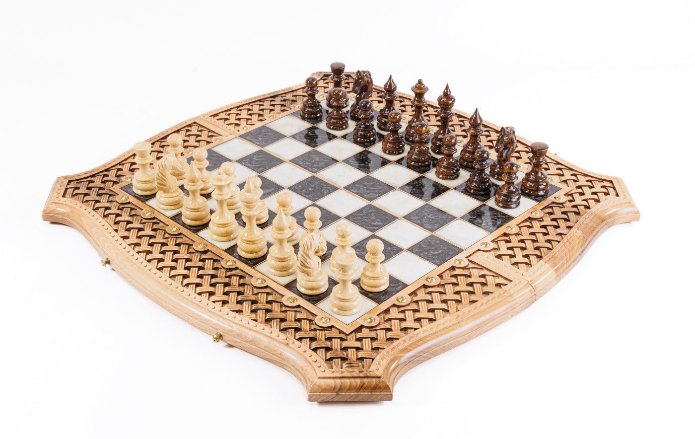 Luxury wooden chess set in solid walnut with basket weave border, contour outline and epoxy resin squares — by Hrachya Ohanyan