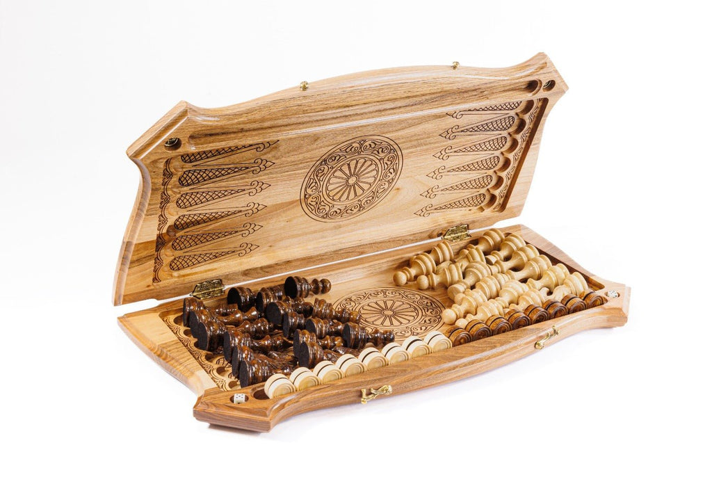 Luxury Wooden Carved Chess Board & Backgammon With Epoxy Squares 60 cm | 23.6" - Unumperfectus