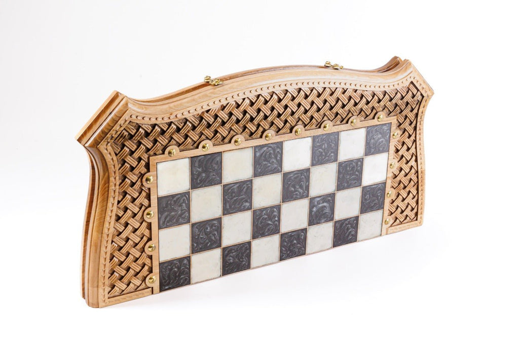 Luxury Wooden Carved Chess Board & Backgammon With Epoxy Squares 60 cm | 23.6" - Unumperfectus