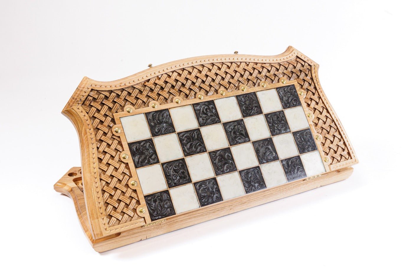 Luxury Wooden Carved Chess Board & Backgammon With Epoxy Squares 60 cm | 23.6" - Unumperfectus