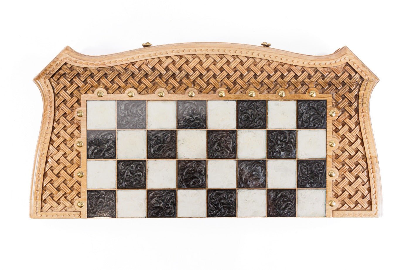 Luxury Wooden Carved Chess Board & Backgammon With Epoxy Squares 60 cm | 23.6" - Unumperfectus