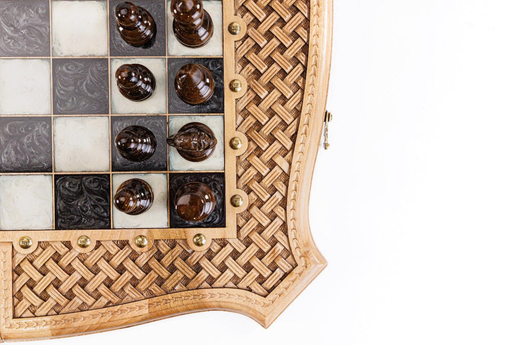 Luxury Wooden Carved Chess Board & Backgammon With Epoxy Squares 60 cm | 23.6" - Unumperfectus