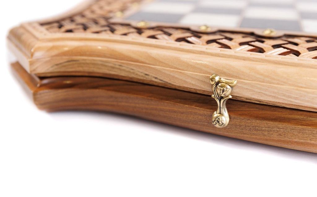 Luxury Wooden Carved Chess Board & Backgammon With Epoxy Squares 60 cm | 23.6" - Unumperfectus