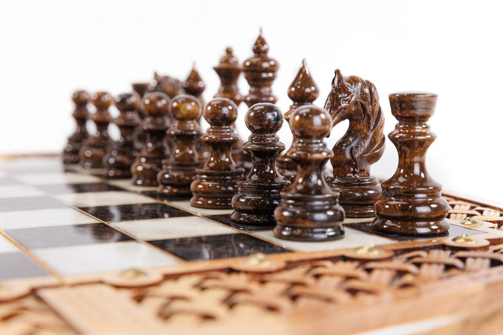 Luxury Wooden Carved Chess Board & Backgammon With Epoxy Squares 60 cm | 23.6" - Unumperfectus