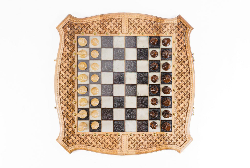 Luxury Wooden Carved Chess Board & Backgammon With Epoxy Squares 60 cm | 23.6" - Unumperfectus
