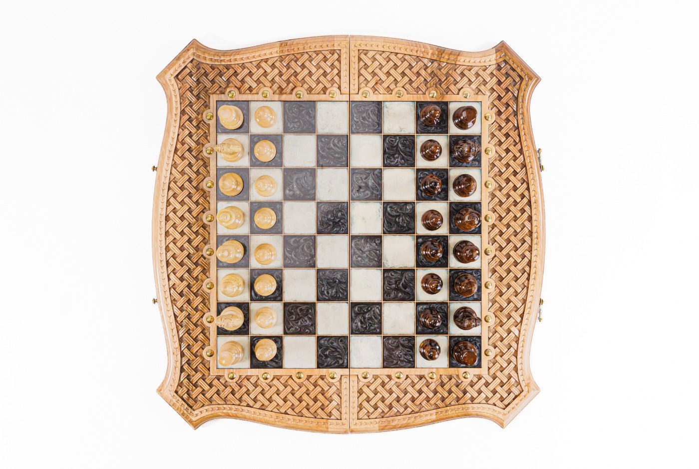 Luxury Wooden Carved Chess Board & Backgammon With Epoxy Squares 60 cm | 23.6" - Unumperfectus