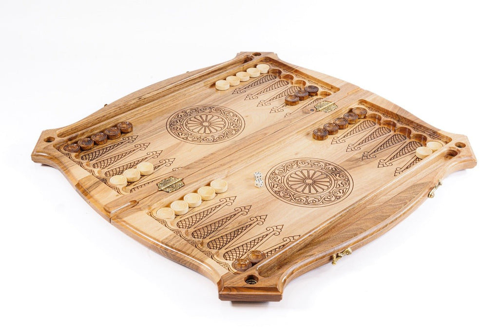 Solid walnut luxury chess and backgammon set with hand-carved braid border, epoxy resin inlays and sculpted contour outline