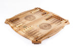 Solid walnut luxury chess and backgammon set with hand-carved braid border, epoxy resin inlays and sculpted contour outline