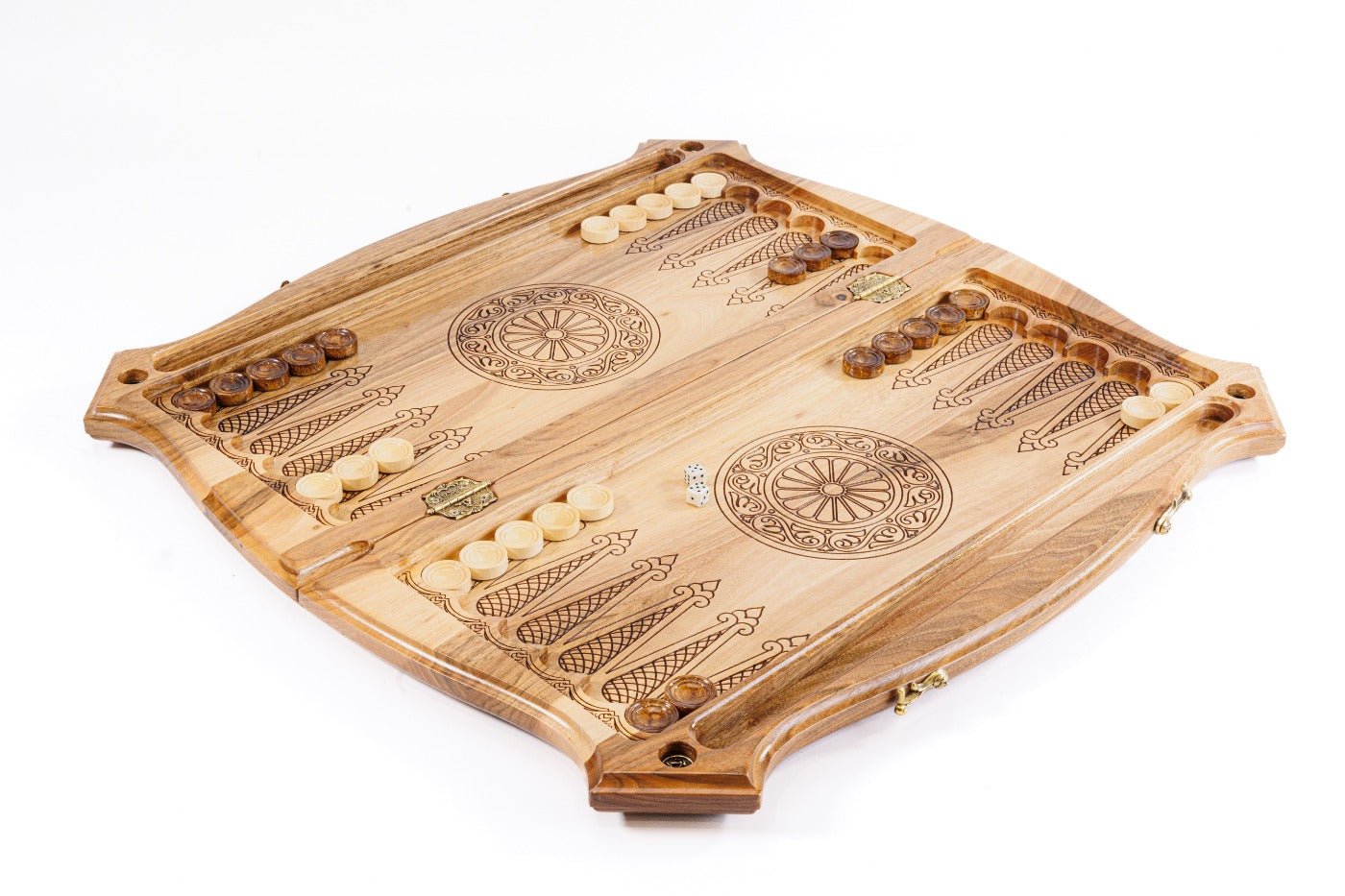 Solid walnut luxury chess and backgammon set with hand-carved braid border, epoxy resin inlays and sculpted contour outline