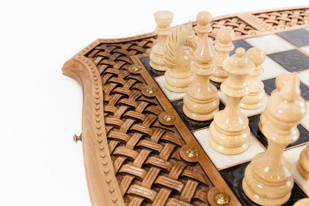 Luxury Wooden Carved Chess Board & Backgammon With Epoxy Squares 60 cm | 23.6" - Unumperfectus