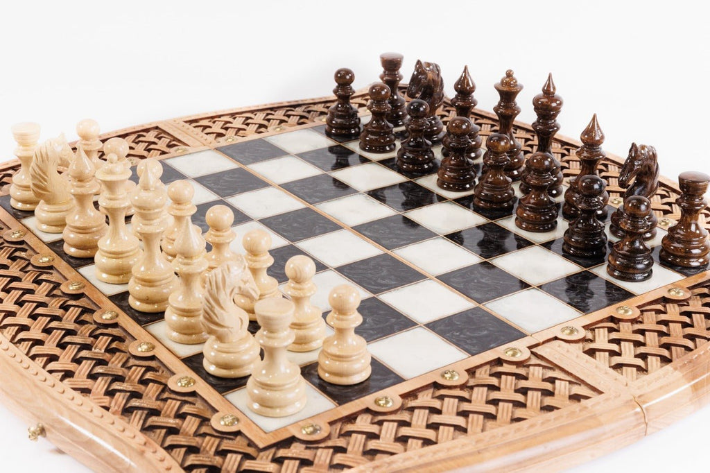 Handcrafted luxury walnut chess board with carved basket weave border, black white epoxy squares and contour shaped edges