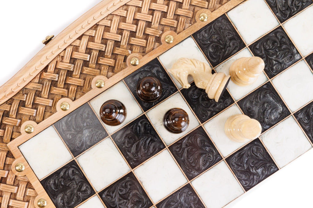 Luxury Wooden Carved Chess Board & Backgammon With Epoxy Squares 60 cm | 23.6" - Unumperfectus
