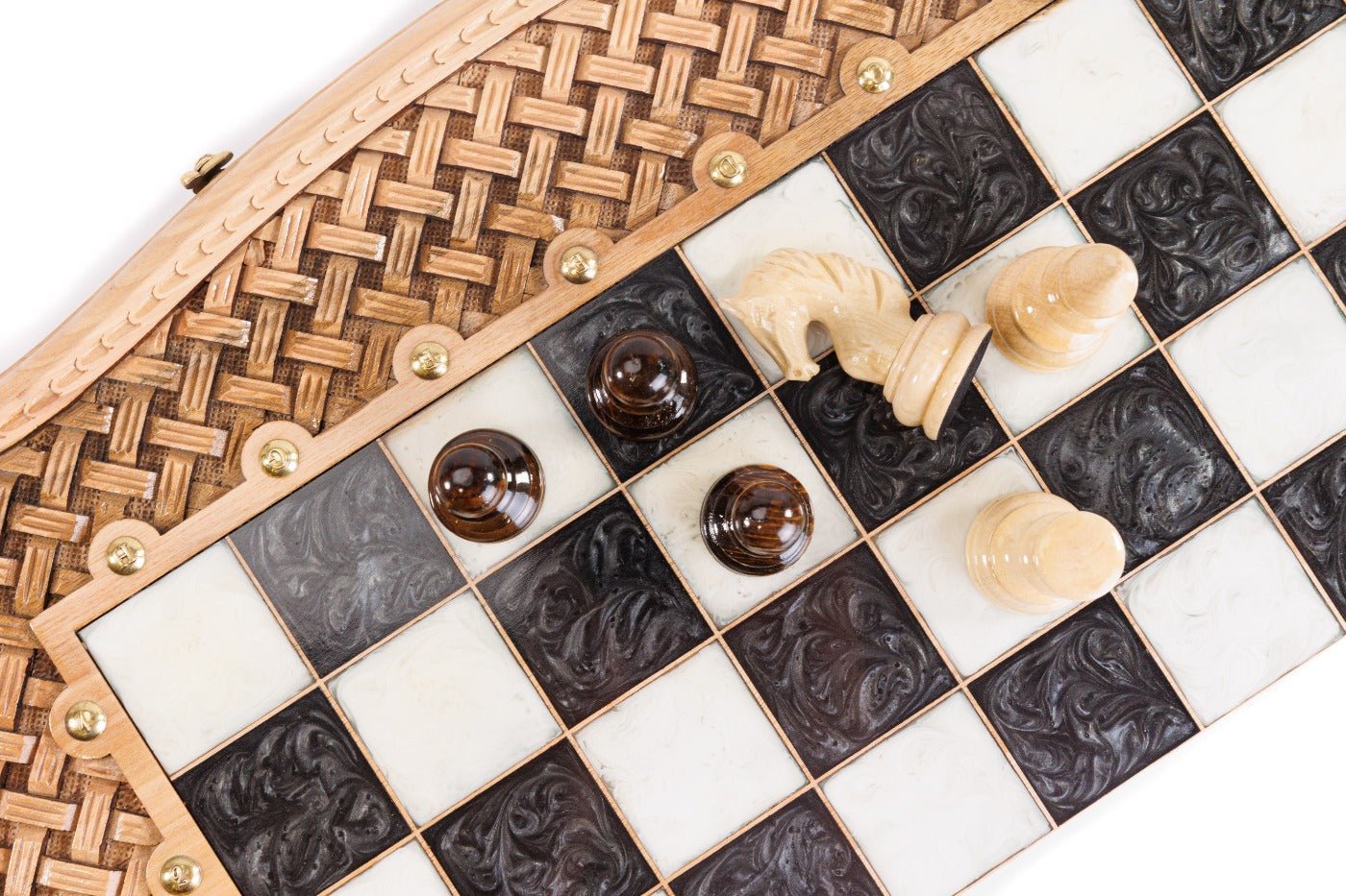 Luxury Wooden Carved Chess Board & Backgammon With Epoxy Squares 60 cm | 23.6" - Unumperfectus
