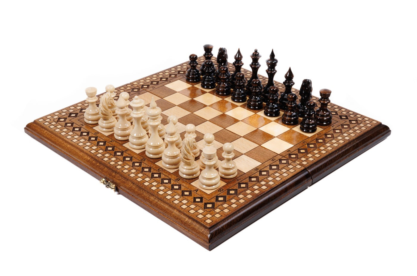 Armenian wooden chess set with diamond mosaic inlay border in beech wood — by Hrachya Ohanyan