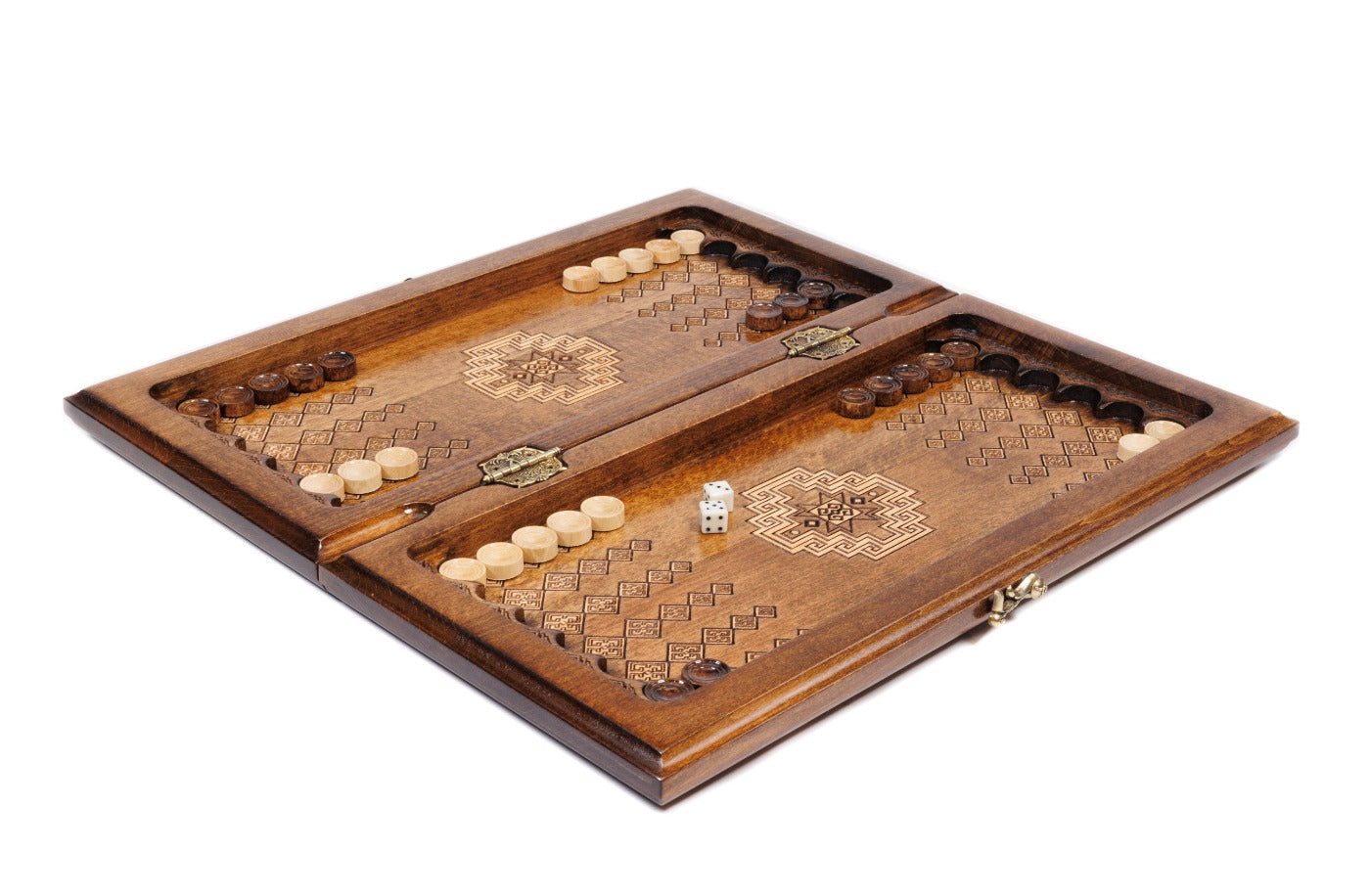 Beech wood Armenian chess and backgammon set with alternating dark light wood diamond inlay border