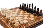 Handcrafted Armenian chess board and backgammon set with carpet-inspired geometric mosaic border