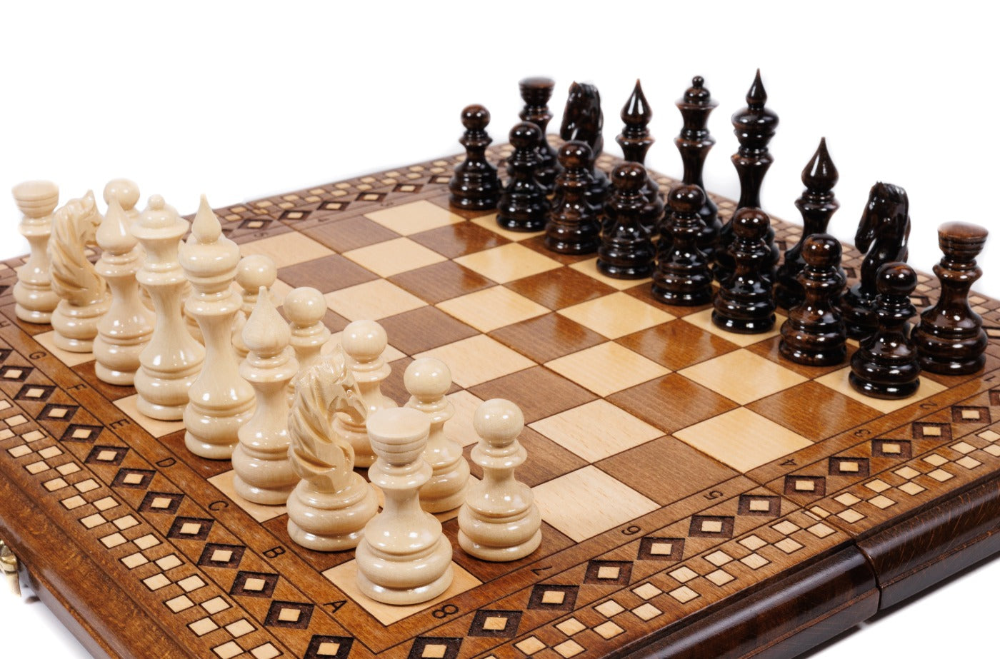 Handcrafted Armenian chess board and backgammon set with carpet-inspired geometric mosaic border