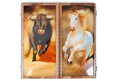 Bull and horse painted epoxy wooden backgammon board handcrafted design