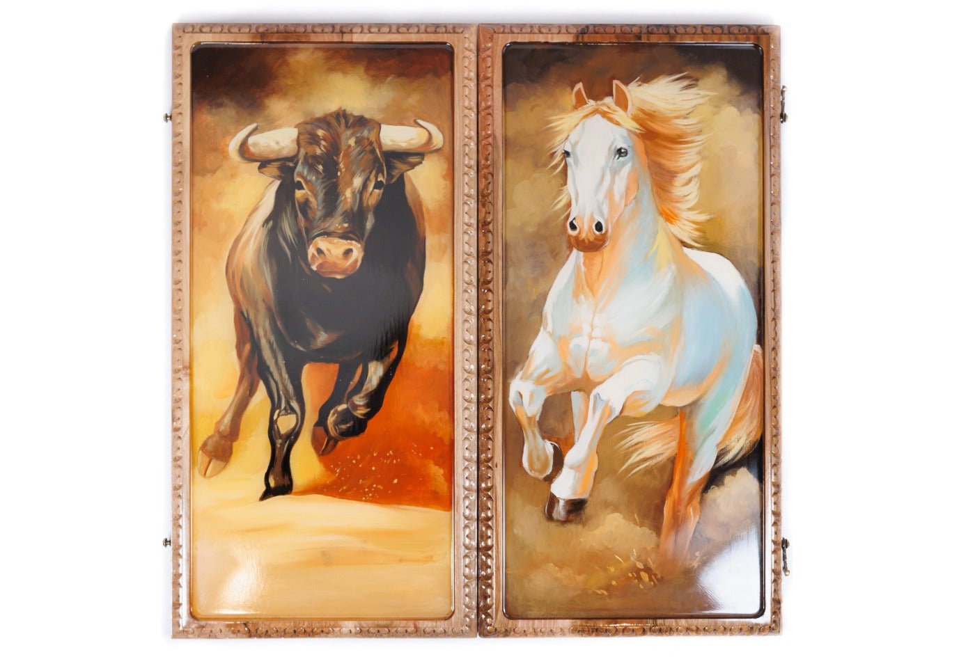 Bull and horse painted epoxy wooden backgammon board handcrafted design