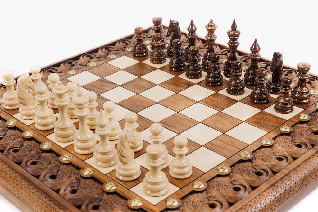Handcrafted Armenian wooden chess board elevated bronze support style