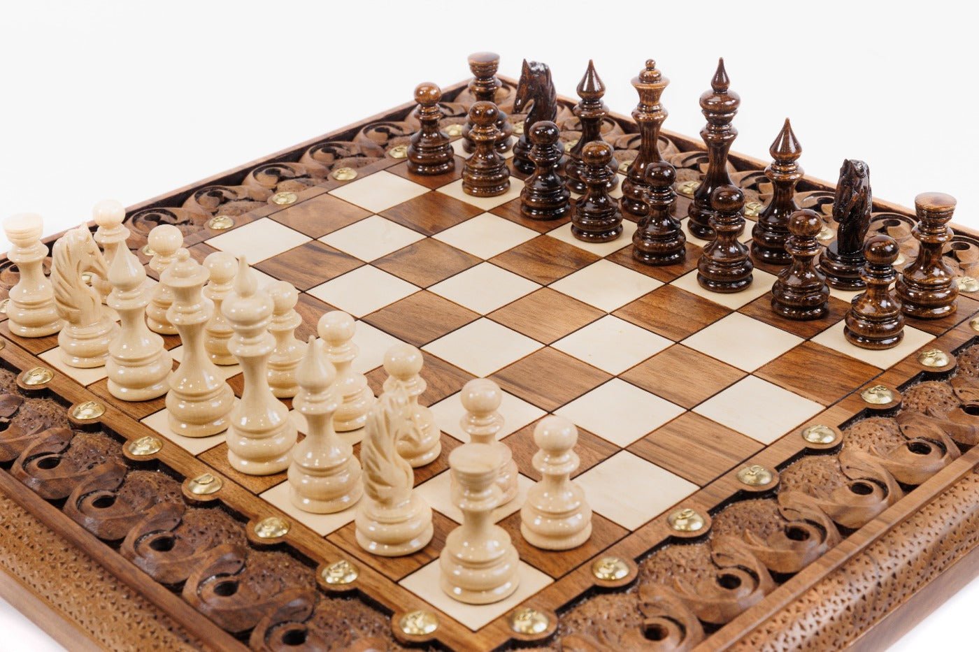 Handcrafted Armenian wooden chess board elevated bronze support style