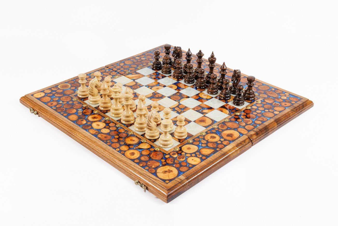 Luxury wooden chess set with real tree branch slices and blue epoxy resin in solid walnut — by Hrachya Ohanyan
