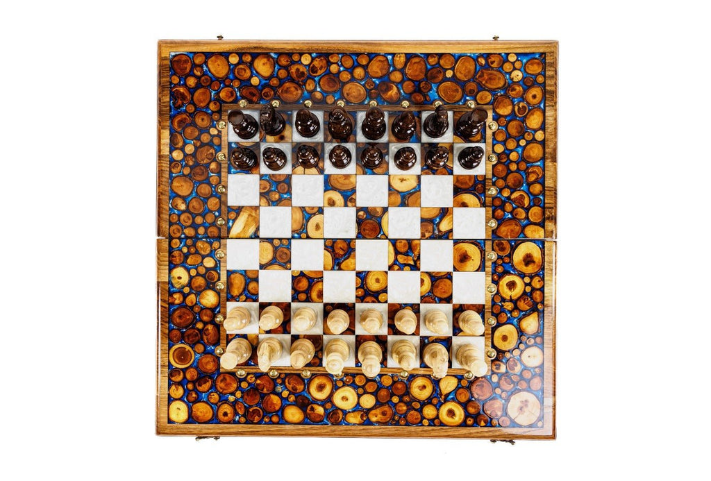 Luxury Wooden Chess Set & Backgammon Blue Epoxy 60 cm | 23.6" - Unumperfectus