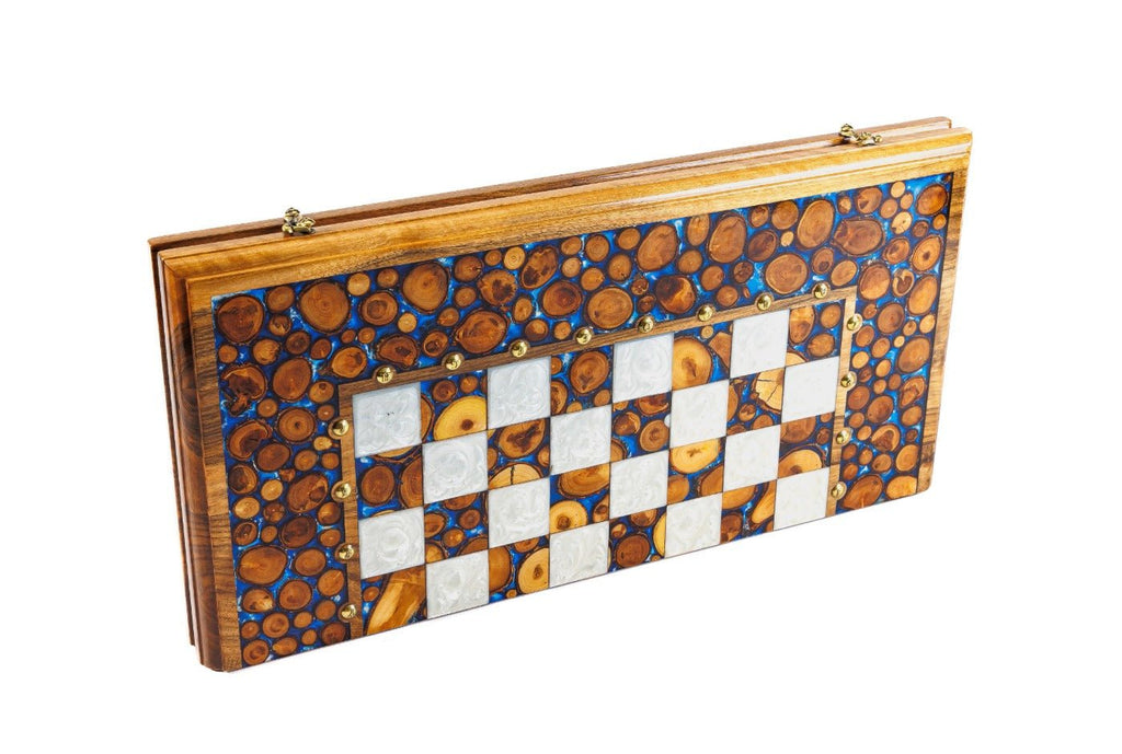 Luxury Wooden Chess Set & Backgammon Blue Epoxy 60 cm | 23.6" - Unumperfectus