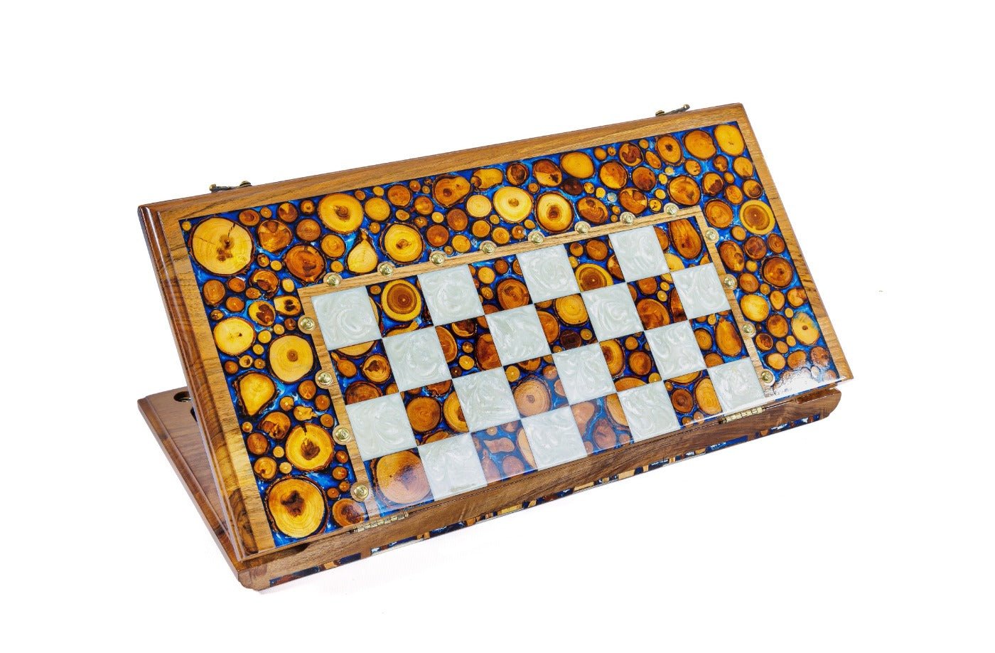 Luxury Wooden Chess Set & Backgammon Blue Epoxy 60 cm | 23.6" - Unumperfectus