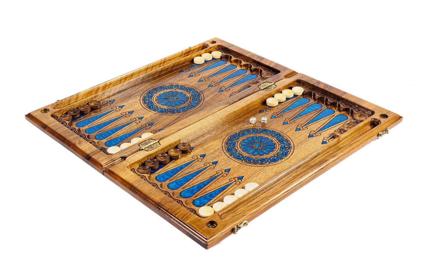 Solid walnut luxury chess and backgammon set with hundreds of tree branch slices set in vivid blue epoxy resin
