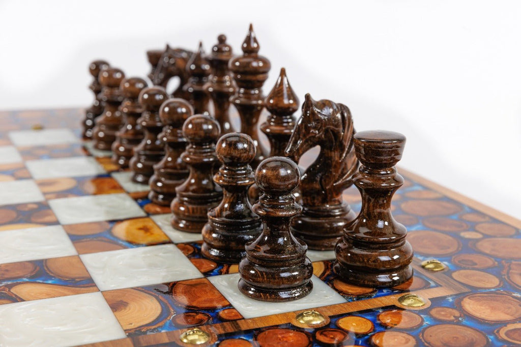 Luxury Wooden Chess Set & Backgammon Blue Epoxy 60 cm | 23.6" - Unumperfectus