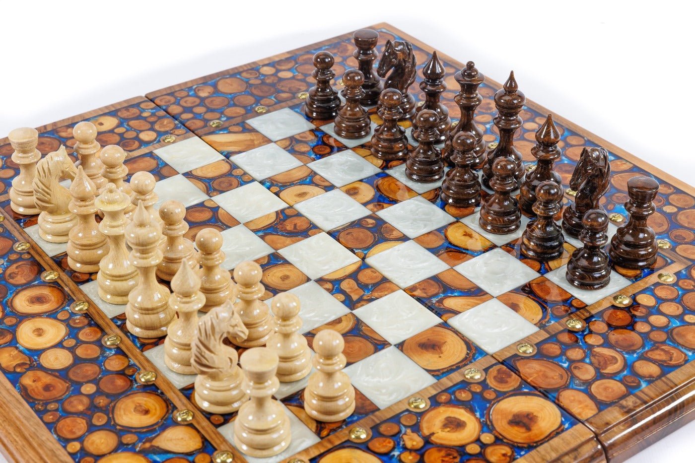 Handcrafted luxury walnut chess board with tree branch cross-section slices and blue epoxy resin inlay — 2-in-1 set