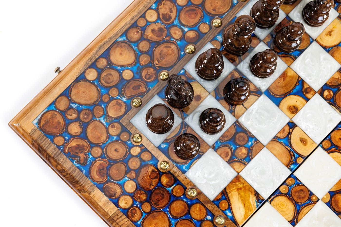 Luxury Wooden Chess Set & Backgammon Blue Epoxy 60 cm | 23.6" - Unumperfectus