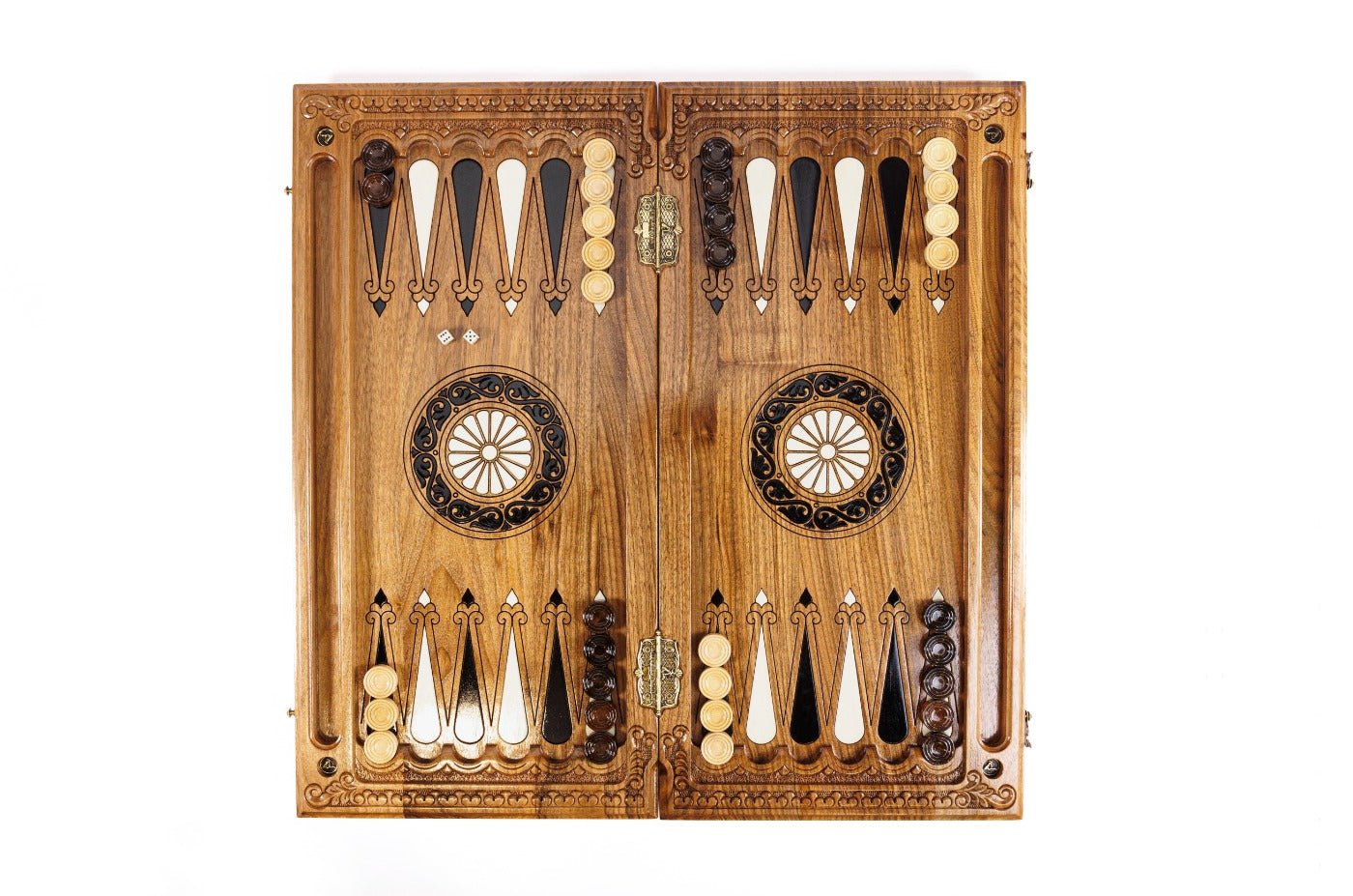 Solid walnut luxury chess and backgammon set with full-border ornamental braid and hand-sculpted bird and floral carvings
