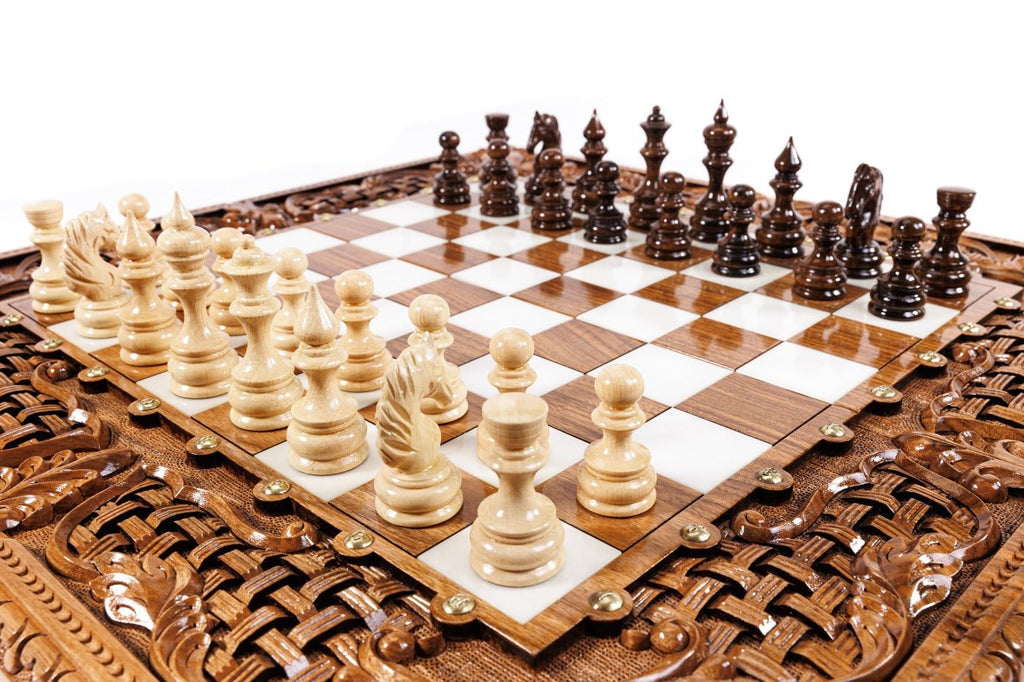 Handcrafted luxury walnut chess board with open lattice braid, acanthus scroll, floral and bird motif carvings — 27.5" large format