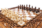 Handcrafted luxury walnut chess board with open lattice braid, acanthus scroll, floral and bird motif carvings — 27.5" large format
