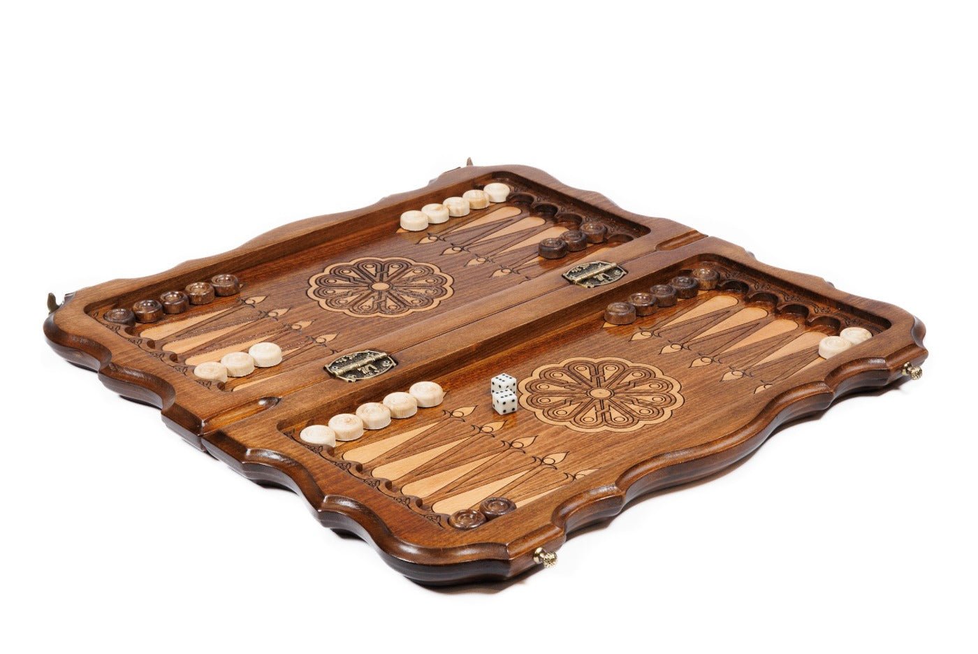 Small wooden backgammon board with classic ornamental pattern design