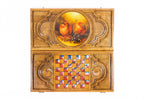 Pomegranate Painting Epoxy backgammon board - playing pieces and dice arranged on the board