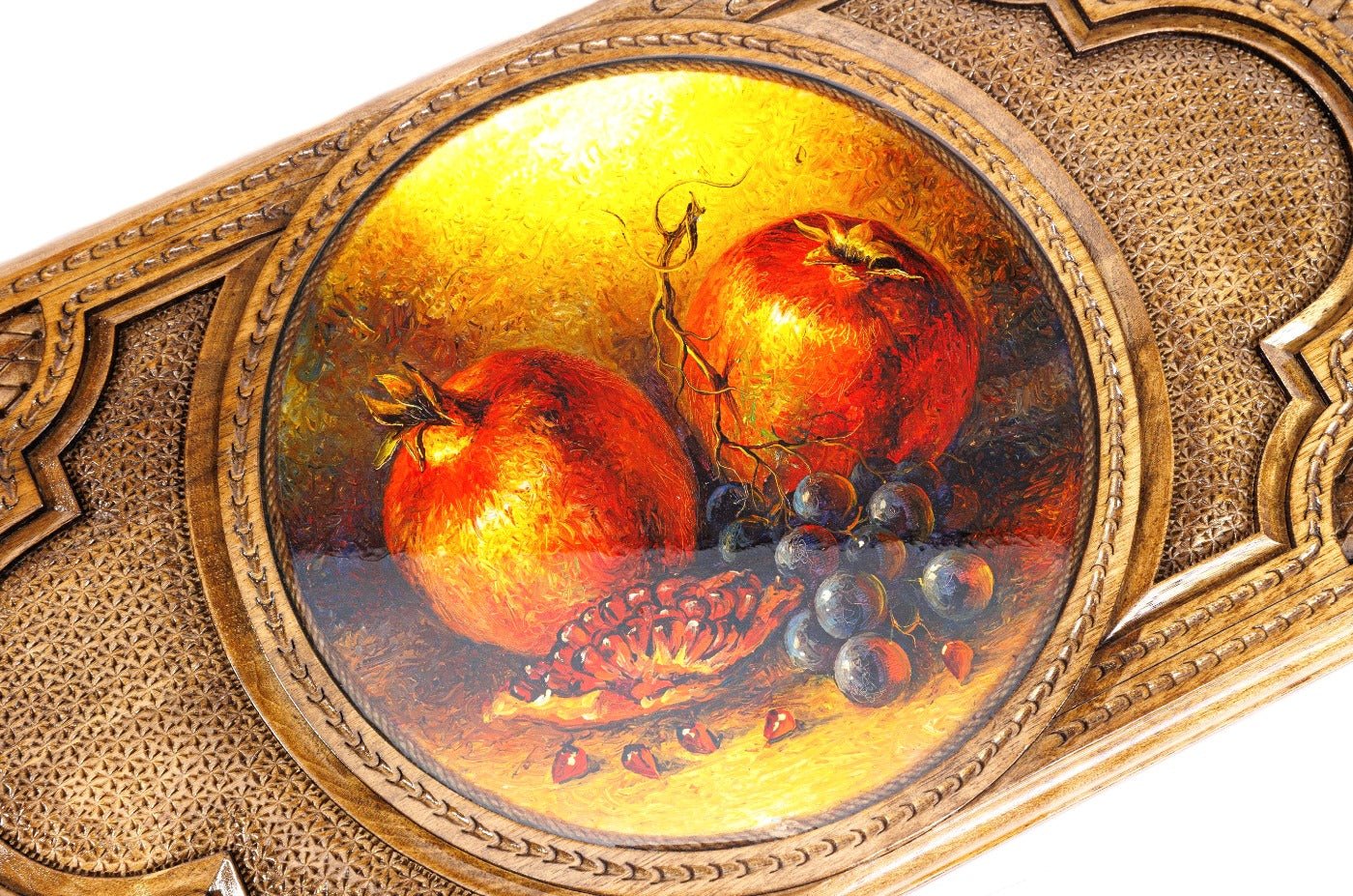 Luxury backgammon board with pomegranate artwork and epoxy detail