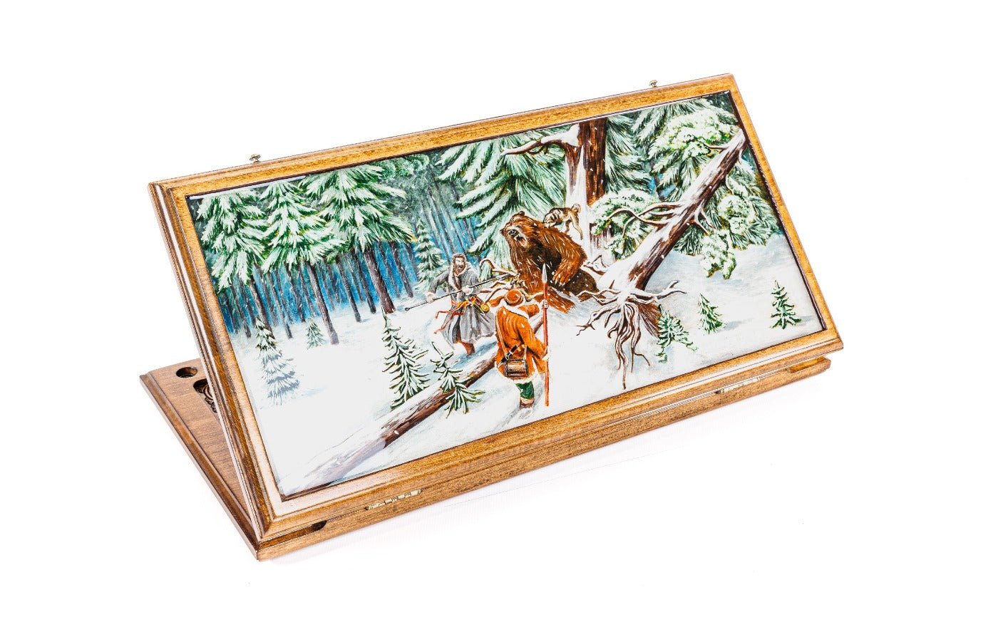 Winter bears painting wooden backgammon board handcrafted design
