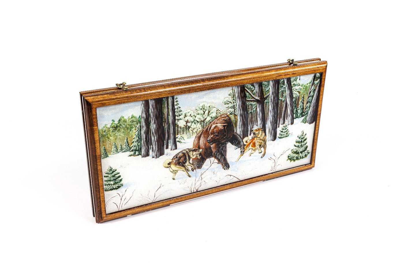 Luxury backgammon board with winter landscape and bear artwork