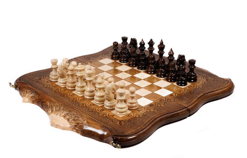 wooden chess set with Mount Ararat outline design