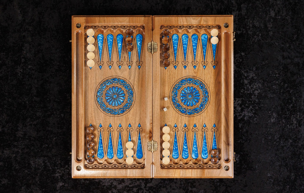 Tree of Life Chess–Backgammon Board with Epoxy Resin – 60 cm | 23.6" Handmade Wooden Game Set