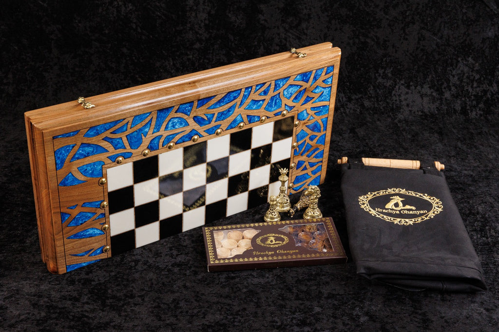 Tree of Life Chess–Backgammon Board with Epoxy Resin – 60 cm | 23.6" Handmade Wooden Game Set