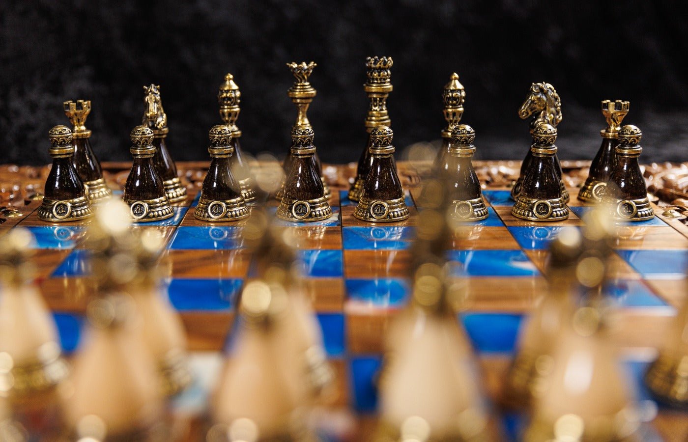 Luxury Wooden Chess Set & Backgammon With Ornament & Epoxy 60 cm | 23.6" - Unumperfectus